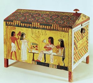 ニューキングダム、デイルエルメディナで発見されたカーの墓（紀元前1390〜52年）の晩餐会のシーンが描かれた胸（木）
