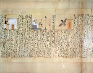 心臓の重さを測る様子を描いたパピルス（マイヘルペリの死者の書より 作： Egyptian 18th Dynasty
