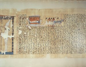 牛に引かれた馬車で石棺を運ぶ様子を描いたパピルス（『マイヘルペリの死者の書』より 作： Egyptian 18th Dynasty