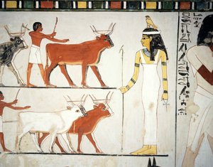女神イメンテトの前の羊飼いと牛、フレスコ画、南壁、縦穴、テーベの墓TT69、シェイク・アブド・エル・クルナ、テーベ（ユネスコ世界遺産リスト