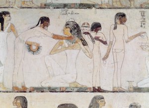 貴族のトイレ、トゥームシスIIIとアメンホテプ2世の牧師、レーフミールの墓から（壁画） 作： Egyptian 18th Dynasty