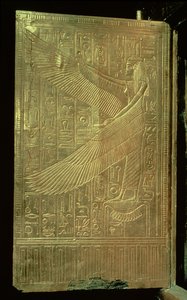 ツタンカーメンの墓から3番目の金色の神社の両開きドアの1つの内側から女神イシス（紀元前1370〜52年）ニューキングダム（金色の木材）