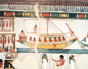 太陽の船、アビドス巡礼の詳細、フレスコ画、北壁、長い食堂、テーバン人の墓TT69、シェイク・アブド・エル・クルナ、テーベ（ユネスコ世界遺産 作： Egyptian 18th Dynasty