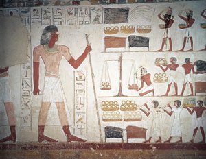 銅の計量、フレスコ画、アメンホテプ2世時代の家庭教師兼書記官であるユーザーハットの墓（別名：墓TT56）、シェイク・アブド・エル・クルナ、テーベ（ユネスコ世界遺産登録 作： Egyptian 18th Dynasty