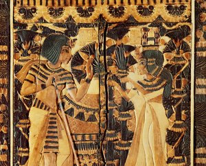 新王国時代、ツタンカーメンの墓から出土した棺の上部パネル（木、ブロンズ、象牙、色釉 作： Egyptian 18th Dynasty