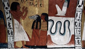 テーベ、ルクソール、王家の谷、セネデムの墓、壁画（ユネスコ世界遺産 作： Egyptian 18th Dynasty