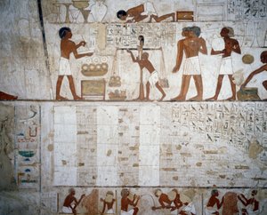 金と銀を量る様子（ルクソール、テーベのシェイク・アブド・エル・クルナ・エクロポリス「レクミレの墓」のフレスコ画より 作： Egyptian 18th Dynasty