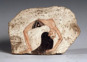 女性のアクロバットダンサー、オストラコン。石灰岩、紀元前1295-1186年頃 作： Egyptian 19th Dynasty