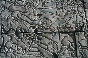 テーベ、ルクソール、ラメセス2世の葬祭殿、戦闘場面の浮き彫り（ユネスコ世界遺産 作： Egyptian 19th Dynasty
