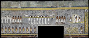 エジプト、テーベ、ルクソール、王家の谷、ラムセス1世の墓、19王朝時代の埋葬室の太陽樹皮に描かれたラーの壁画 作： Egyptian 19th Dynasty