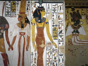 エジプト、テーベ、ルクソール、王妃の谷、ネフェルタリの墓、前庭、壁画、王妃の手を引くハルジーシ、女神ネイト
