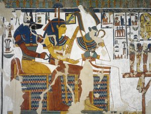 エジプト、テーベ、ルクソール、王妃の谷、ネフェルタリの墓、19王朝時代の埋葬室に描かれたアヌビス、イシス、オシリスの壁画