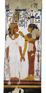 エジプト、テーベ、ルクソール、王妃の谷、ネフェルタリの墓、19王朝時代の埋葬室の柱に描かれた女神イシスと王妃の壁画