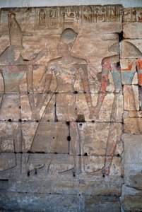 エジプトの古代遺跡：アビドスのセティ1世の神殿の低層レリーフのディテール 作： Egyptian 19th Dynasty