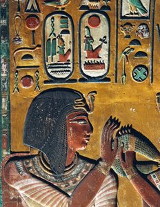 女神ハトホルがファラオに首飾りを献上する様子（ローレリーフ 作： Egyptian 19th Dynasty