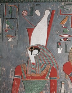 二重の冠をかぶったホルス（古代テーベ、王家の谷、ルークソール、ホレムヘブの墓）（写真 作： Egyptian 19th Dynasty