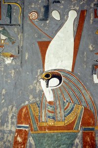 二重の冠をかぶったホルス（古代テーベ、王家の谷、ルークソール、ホレムヘブの墓）（写真 作： Egyptian 19th Dynasty