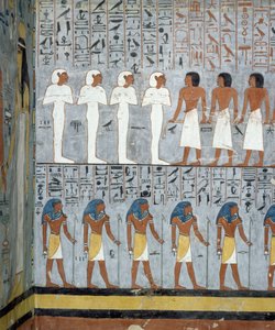 ミイラと男性像、王家の谷、ルクソール、テーベのラメセス1世の墓の埋葬室のフレスコ画の詳細（ユネスコ世界遺産登録 作： Egyptian 19th Dynasty