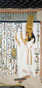 オシリス王国の第1扉の前で両手を挙げて賛美するネフェルタリ、フレスコ画、埋葬室、ネフェルタリの墓（QV66）、テーベ、女王の谷。エジプト文明、新王国、第19王朝。