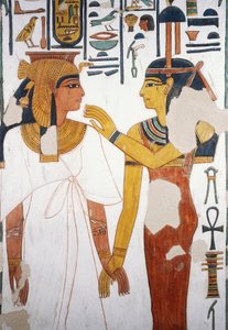 ネフェルタリと女神イシスの出会い、フレスコ画、第4の柱の北面ファサード、埋葬室、ネフェルタリの墓（QV66）、テーベの王妃の谷（ユネスコ世界遺産登録 作： Egyptian 19th Dynasty
