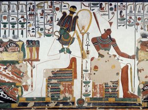 オシリスとアトゥン、ルクソール、テーベの「王妃の谷」ネフェルタリの墓の第2室のフレスコ画の詳細（ユネスコ世界遺産登録 作： Egyptian 19th Dynasty