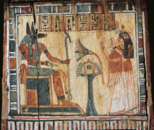タムトノフレのシャブティ用、故人とアヌビ神を描いた木製の絵箱 作： Egyptian 19th Dynasty