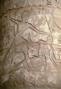 ラムセスがアジア人の敵の髪を掴んで斬ろうとするところ、レリーフ、セティ1世神殿、カナイス、エジプト、エジプト文明、新王国時代、第19王朝（写真）