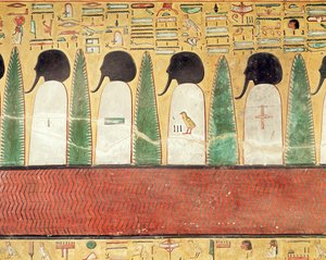 セティ1世の墓（r.1294-1279 BC）新王国（石灰岩を塗ったもの）からの、アンダーワールドの黒髪の神々を描いたレリーフ