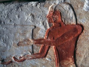 運び屋を描いたレリーフ、レテヤの墓、サッカラ、エジプト、エジプト文明、新王国時代、第十九王朝 作： Egyptian 19th Dynasty