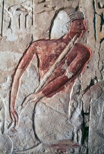 フルート奏者を描いたレリーフ、レテヤの墓、サッカラ、エジプト、エジプト文明、新王国時代、第19王朝時代 作： Egyptian 19th Dynasty