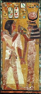 魔法の首輪をセティ1世に置く女神ハトホルを描いたレリーフ（c.1394-1279 BC）ニューキングダム（石灰岩塗装）
