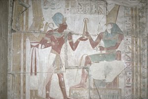 イシスの救済、セトス1世（紀元前1303-1290年）を新王国ホルスに贈る（壁画）