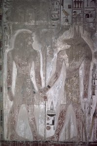 セティ1世（紀元前1303-1290年）とアヌビス、セティの墓、新王国（壁画）