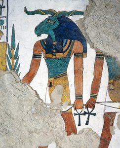 雄羊の頭を持つ使者、オシリス王国の第3の扉、死者の書第144章、フレスコ画、埋葬室、ネフェルタリの墓（QV66）、テーベの女王の谷。エジプト文明、新王国、第19王朝。 作： Egyptian 19th Dynasty