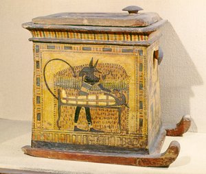 新しい王国のネフェルタリに捧げられた棺からのアヌビス、故人のミイラ化（木） 作： Egyptian 20th Dynasty