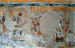 エジプトの古代：シュロイと彼の妻がトート神とラー女神を崇拝している様子。シュロイの墓の絵 作： Egyptian 20th Dynasty