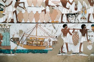 新王国時代、船上でのワイン運搬の様子を描いた壁画。 作： Egyptian 20th Dynasty