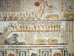 太陽神ラーの天界航行に従う行列、「地球の書」、王家の谷、ルクソール、テーベのラメセス6世の墓の埋葬室のフレスコ画の詳細（ユネスコ世界遺産登録 作： Egyptian 20th Dynasty