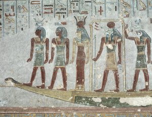 ラムセス3世の墓（紀元前1184-1153年）新王国（石灰岩を塗ったもの）から、地下世界を通過する葬儀のバークでクナムを描いたレリーフ 作： Egyptian 20th Dynasty