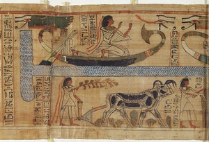 司祭アハメールの死者の書からの詳細、バークと農業シーンを描いた、第3中期（パピルス）