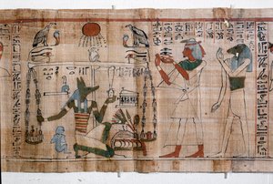 エジプトの古代遺跡：サイコスタシス（魂の計量）。死者の書のパピルス。第21王朝時代のパピルス 作： Egyptian 21st Dynasty