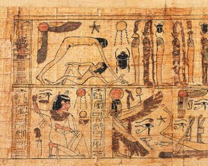 Serimenin, Amonin papin hautauspapyrus, yksityiskohta maailman luomisesta, Gebin ja Nutin erottaminen 作： Egyptian 21st Dynasty