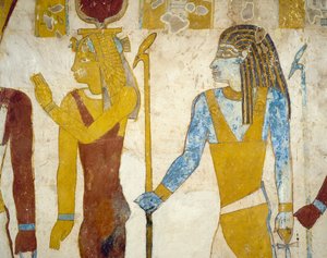 エジプト、ギザのバハリヤ・オアシスにあるパ・ネントウィーの墓の壁画。エジプト文明、第26王朝、前663〜525年。
