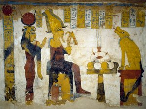 エジプト、ギザのバハリヤ・オアシスにあるパ・ネントウィーの墓の埋葬室に描かれた壁画。エジプト文明、第26王朝、前663〜525年。 作： Egyptian 26th Dynasty