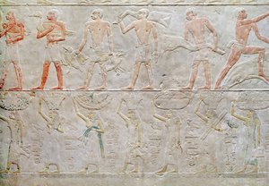 紀元前2400年頃、旧王国、アケトホテプのマスタバから食べ物を供える人々を描いたレリーフ。
