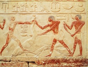 牛を屠殺する肉屋、旧王国イドゥット王女の墓からの救済、紀元前2330年頃（石灰岩塗装）