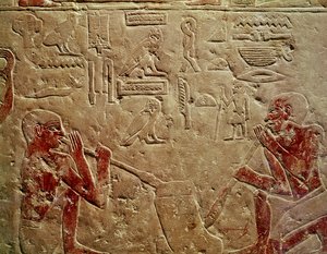 ケムレフのマスタバ、サッカラ、旧王国、紀元前2325年頃（塗られた石灰岩）のガラス送風機を描いたレリーフ