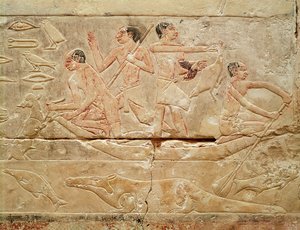 旧王国、イドゥット王女の墓から、船に乗った男性を描いたレリーフ。紀元前2330年頃（石灰岩を塗ったもの）
