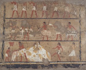 牛の繁殖、屠殺、供え物の運搬、生贄の場面、イティとネフェルの墓（壁画） 作： Egyptian 6th Dynasty
