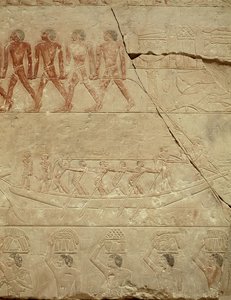 旧王国、メレルカのマスタバからボートを曳航（石灰岩塗装）